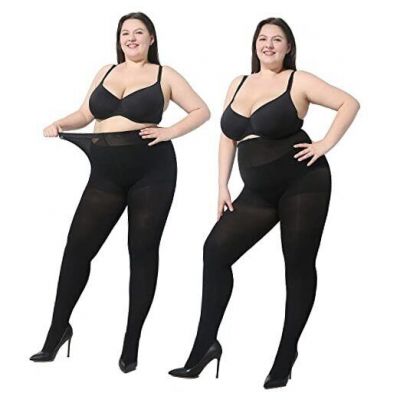 2 Pairs Women's Plus Size Opaque Tights Control Top High Waist 3X-4X Black