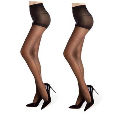 2 Pack Women's Sheer High Waist Tights-20D with Support and Medium Black