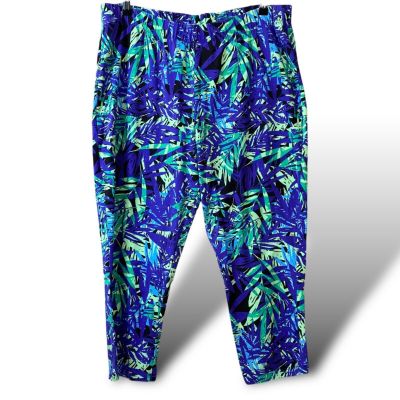 Roaman's Capris Leggings Women's Sz XL (22/24) Blue Tropical Leaf Print Pants