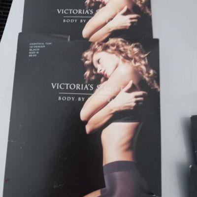 2-NEW-Victoria's Secret Body By Victoria Size B Black Control Top Pantyhose