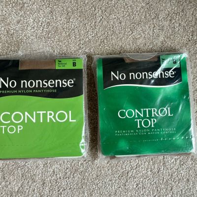 No Nonsense Control Top Pantyhose Lot of 2 Pairs Sz B Tan Reinforced Toe New