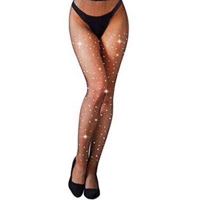 Women's Fishnets Sparkly Tights High Waist Rhinestone 3X-Large Plus Hole-black