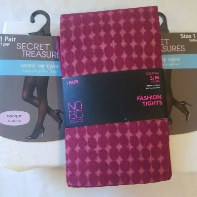 Lot of 3 Tights Secret Treasures Control Top White OPAQUE SZ 1/NOBO Merolet Wine