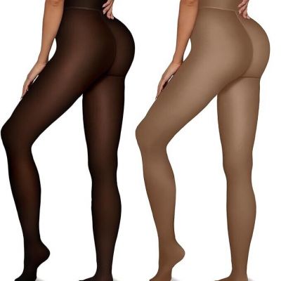 Vertvie 2 Pairs Fleece Lined Tights Women Crotch One Seam Line Warm Sheer