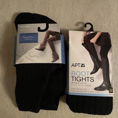 Lot Of 2 Pair Fashion Tights & Boot Tights.Vera Wang & Apt. 9. Black. New W/tags