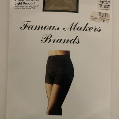 NIP~VTG Famous Makers Brands Tummy Control Lt Support Lt. Beige Pantyhose Queen