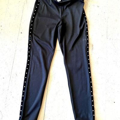 Zeta B High Fashion Black Leggings w/White Pearls Down Each Side Sz Lg