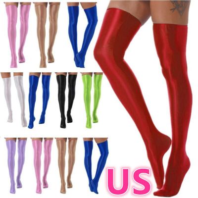 US Women's Opaque Stockings Soft Over Knee Shiny Glossy Thigh High Tights Socks