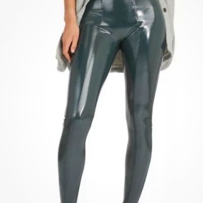 SPANX Faux Patent Leather Liquid Gloss LEGGINGS Deep Green-LARGE