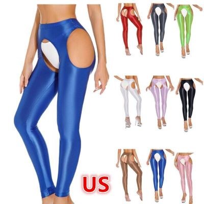 US Women Crotchless Pantyhose Pants Glossy Tights Shiny Oil Stockings Yoga Pants