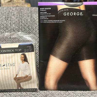 Plus Size Pantyhose Lot Of 2 George-off Black/White Stag-Ivory