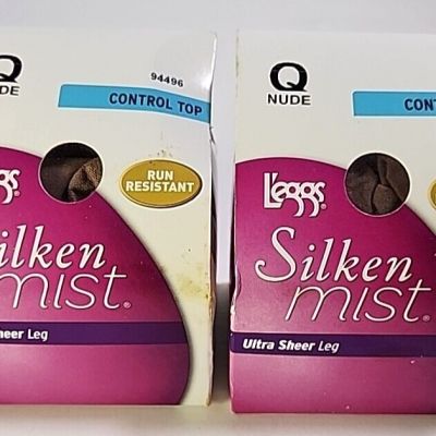 Leggs Silken Mist Size Q Nude Control Top Ultra Sheer Run Resistant Nylons 2Pair