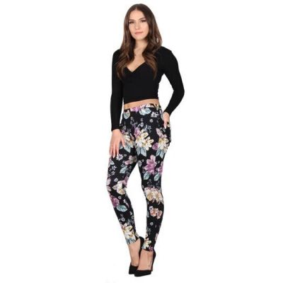 LILDY Women's Plus Size Printed Denim Jeggings 2XL-3XL BLACK MULTI COLOR FLOWERS