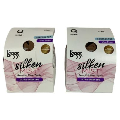 L’eggs Silken Mist 2 Pair Pantyhose Size Q Queen Nude Sheer Leg Control Top