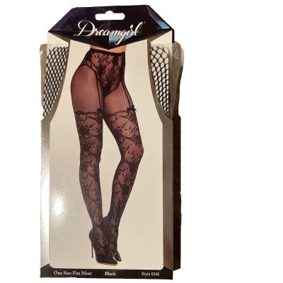 Dreamgirl Lace and Fishnet Pantyhose with High-Waisted Lace Panty Design - Black