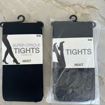 Lot Of 2 Mixit Tights Black Diamond Flame Textured Design & Solid Opaque Sz S/M