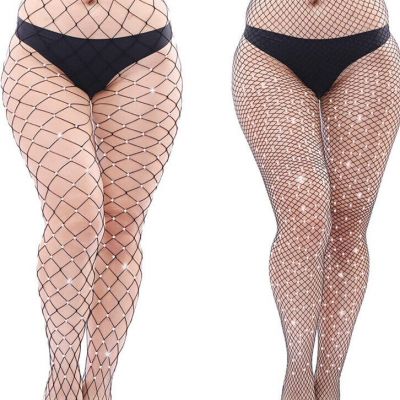 Aneco 2 Pairs Plus Size Sparkle Diamond Fishnets Sexy Black Tights