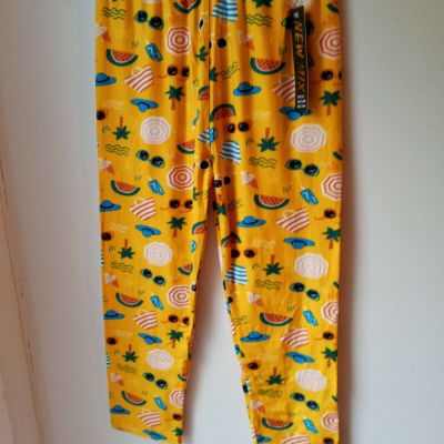 Bright yellow summer beach print capri leggings ONE SIZE small medium