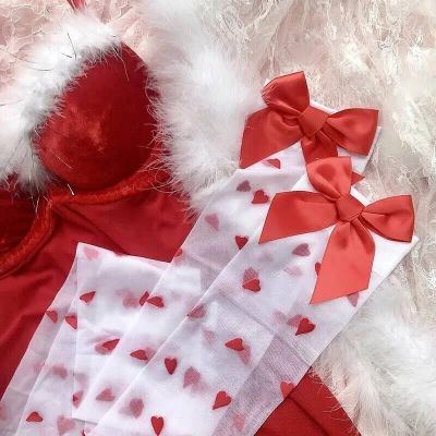 SEXY NYLON RED HEART WHITE SHEER THIGH HI STOCKINGS SATIN BOW ONE SIZE