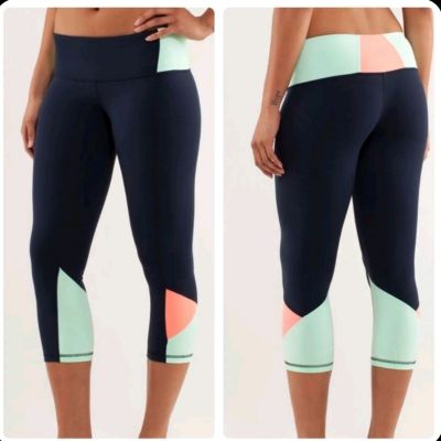 Lululemon Embody Crop Workout Leggings Navy Blue Coral Mint Green Sz 6