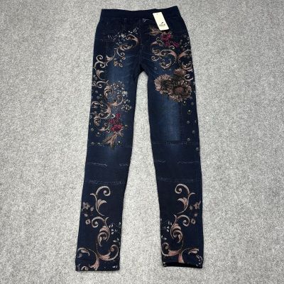 New Julia Fashions Floral Leggings Blue Yoga Skinny Stretch One Size