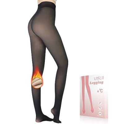 Fleece Lined Tights Women, Warm Medium Plus Fake Translucent Black-pantyhose