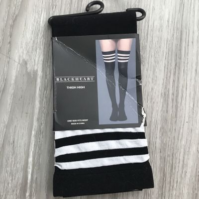 Black Heart Knee High Stocking Black White Stripe Band Semi Sheer One Size