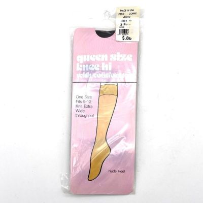 NEW Vintage Queen Size Knee High Comfort Top Hosiery in Coffee NWT 3 Pair Pack