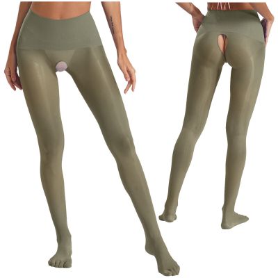 US Women's Glossy Leggings High Elastic Smooth Nylon Sheer Crotchless Yoga Pants