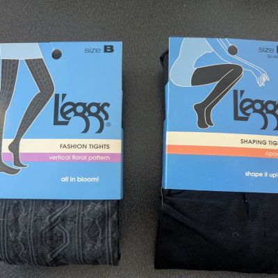 2 Pair Legg's Pattern Control Top Fashion Shaping Tights Size B Floral & Black