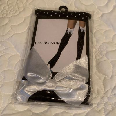 FRENCH MAID BLACK OPAQUE POLKA DOTS THIGH HIGHS with SATIN BOW- LEG AVENUE- O/S