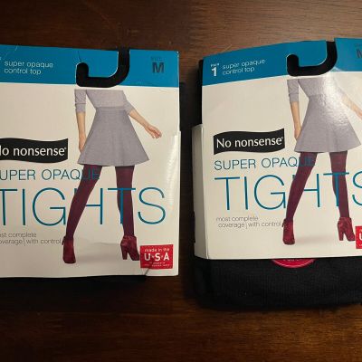 2 Pairs No nonsense Black Super Opaque Control Top Tights With Smart Temp Medium