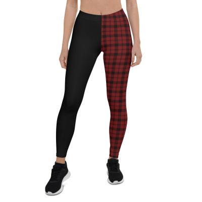 Half and Half Split Leggings Black and Red Plaid Goth Punk Emo Athletic Fashion