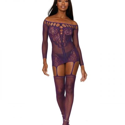 SCALLOPED LACE & FISHNET GARTER DRESS ATTACHED THIGH HIGHS STOCKINGS