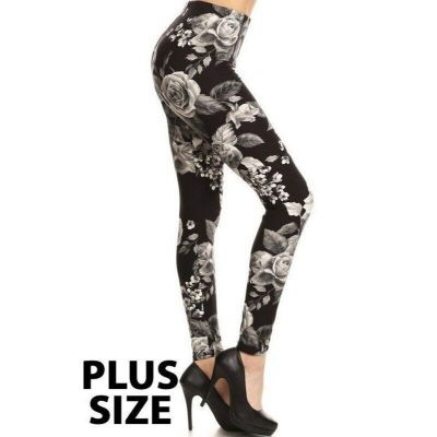 Plus Size Womens White Rose Leggings Floral Print Fashion Roses