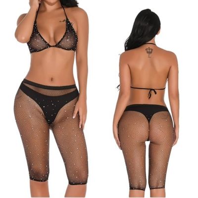 Sexy Black Fishnet Rhinestone Set