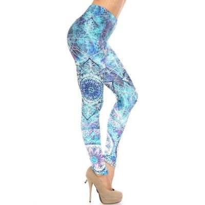 Plus Size Womens Creamy Soft Cyan Mandala Leggings