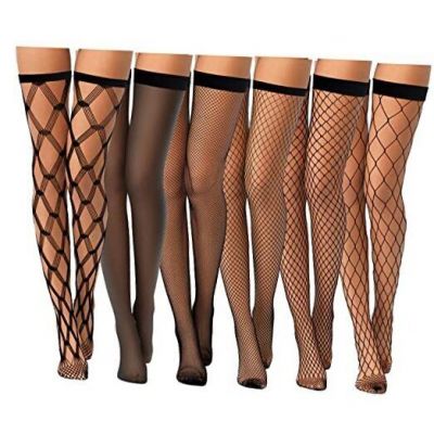 6 Pairs Women Thigh High Fishnet Stockings with Top Elastic Band Large Black