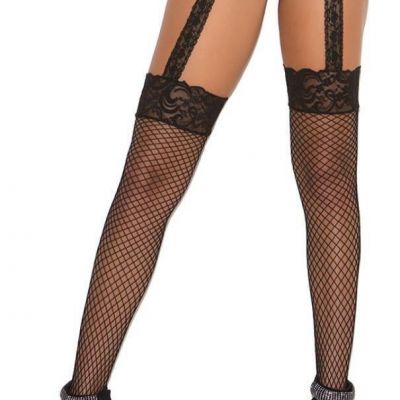 Diamond Net Thigh Highs Lace Top Garter Belt Attached Hosiery Fishnet 1860