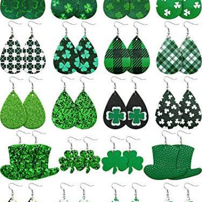 20 Pairs St Patrick's Day Faux Leather Earrings Clover Teardrop Dangle Earrings