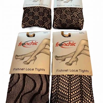 FRENCHIC Black Fishnet Lace Tights - NEW - 4 PACKAGES - SIZE M/L 140-170 lbs