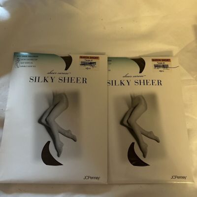 (2) JC Penney  Silky Sheer Caress  Control Top  Queen Short Taupe NOS Pantyhose