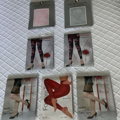 7 Pair Vintage Fashion Pantyhose Footless Tights NOS Taiwan Korea Floral Solid