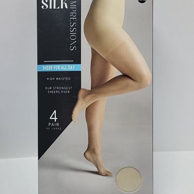 4 Pair XXL Silk Impressions Women's High Waisted Beige Tights-Sheer For All Day