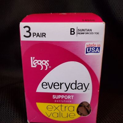 Leggs Pantyhose Everyday Support Suntan B 3 Pair Reinforced Toe