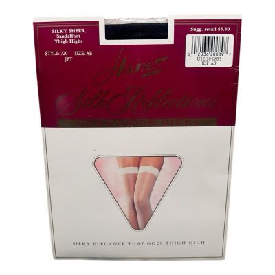 Hanes Silk Reflections Nylon Thigh High Stockings Sandalfoot Jet Black Sz AB