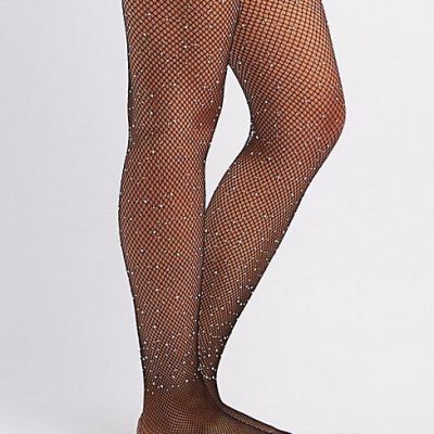 PRESTIGE BIATTA BLACK SMALL GAUGE FISHNET TIGHTS WITH BRIGHT RHINESTONES