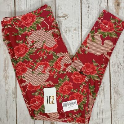 LuLaRoe Leggings Women's TC2 (size 18-28) Valentine's Day Pixelated Roses NWOT