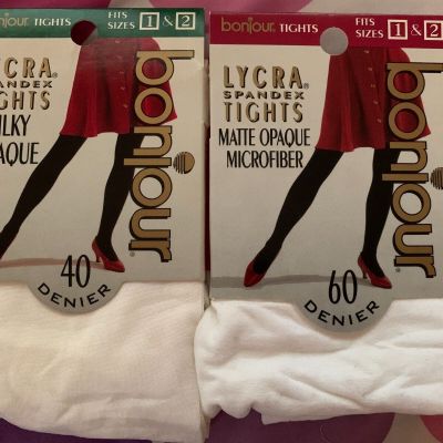 VTG 2 Bonjour Hosiery Pantyhose Size 1 & 2 Med White Silky & Matte Opaque Spande