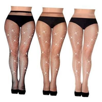 3 Pcs Rhinestone Fishnet Stockings One Size Flesh-colored, Coffee, Black